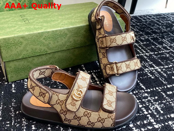 Gucci Womens Double G Sandal in Beige and Ebony Original GG Canvas 771575 Replica