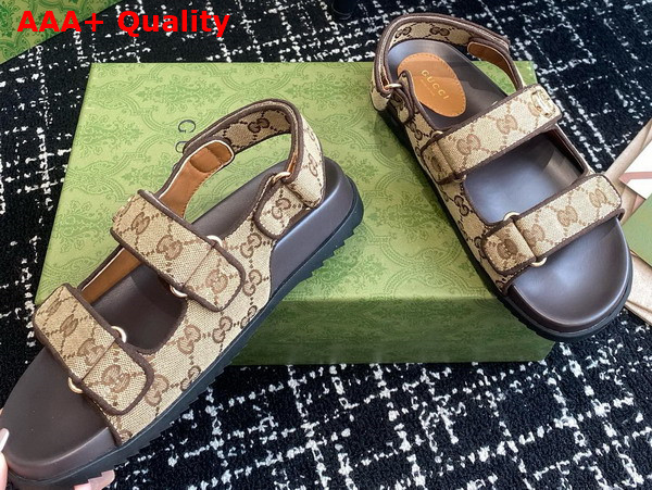 Gucci Womens Double G Sandal in Beige and Ebony Original GG Canvas 771575 Replica