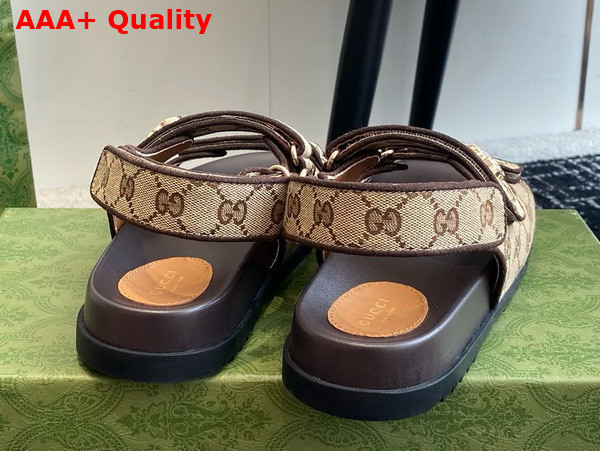 Gucci Womens Double G Sandal in Beige and Ebony Original GG Canvas 771575 Replica