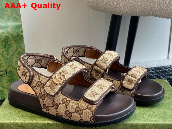 Gucci Womens Double G Sandal in Beige and Ebony Original GG Canvas 771575 Replica