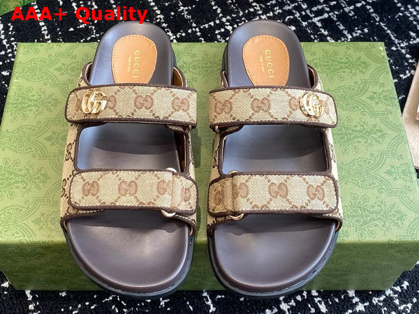 Gucci Womens Double G Slide Sandal in Beige and Ebony Original GG Canvas Replica