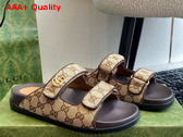 Gucci Womens Double G Slide Sandal in Beige and Ebony Original GG Canvas Replica