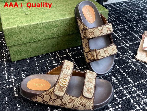 Gucci Womens Double G Slide Sandal in Beige and Ebony Original GG Canvas Replica