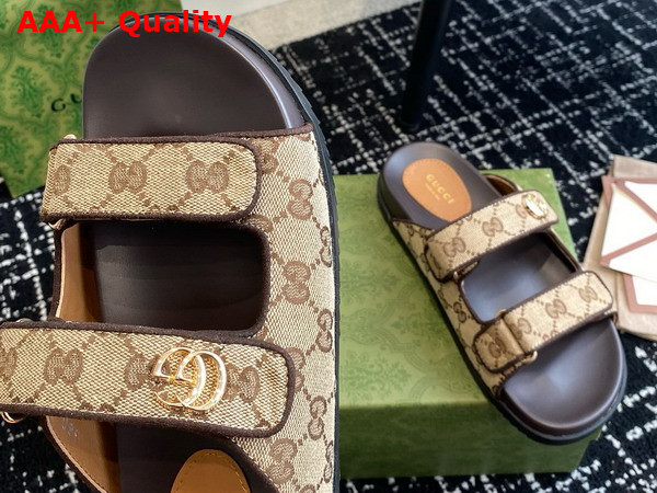 Gucci Womens Double G Slide Sandal in Beige and Ebony Original GG Canvas Replica