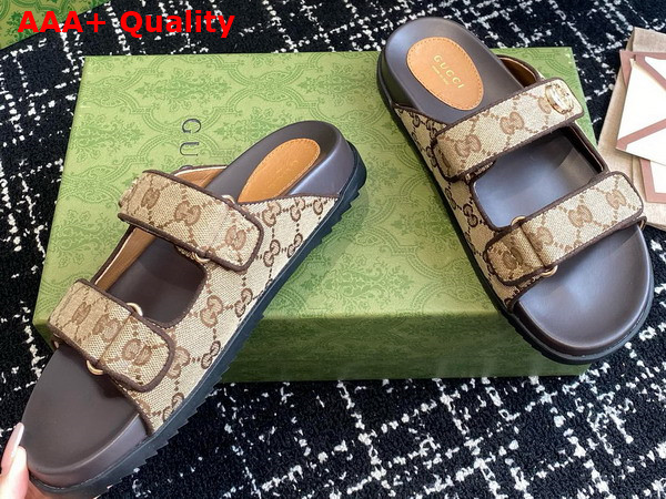 Gucci Womens Double G Slide Sandal in Beige and Ebony Original GG Canvas Replica