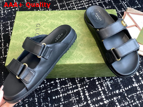 Gucci Womens Double G Slide Sandal in Black Leather Replica