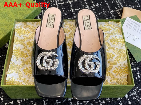 Gucci Womens Double G Slide Sandal in Black Patent Leather 771586 Replica