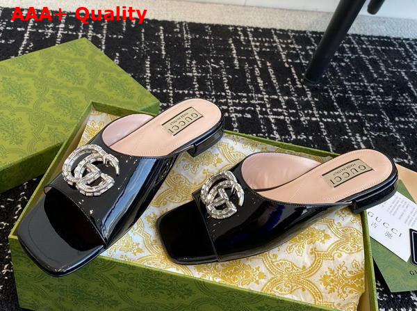 Gucci Womens Double G Slide Sandal in Black Patent Leather 771586 Replica