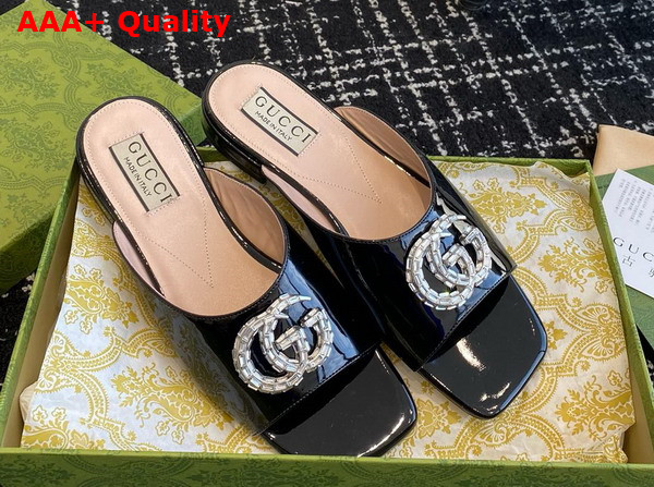 Gucci Womens Double G Slide Sandal in Black Patent Leather 771586 Replica