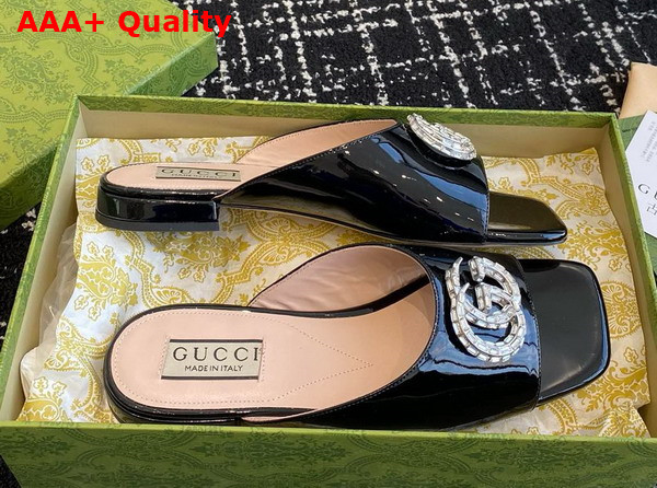 Gucci Womens Double G Slide Sandal in Black Patent Leather 771586 Replica