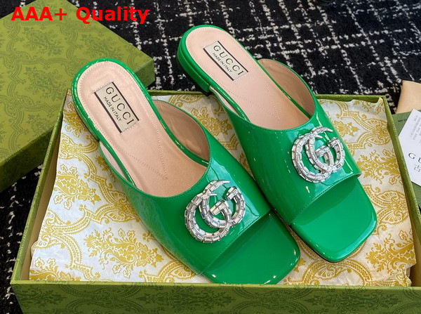 Gucci Womens Double G Slide Sandal in Green Patent Leather 771586 Replica