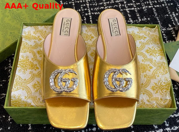 Gucci Womens Double G Slide Sandal in Metallic Gold Leather 771586 Replica