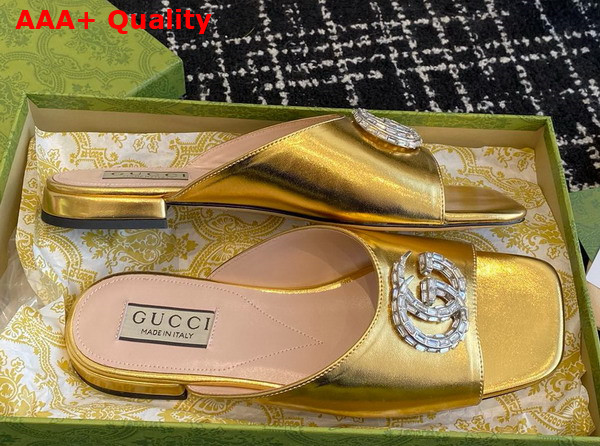 Gucci Womens Double G Slide Sandal in Metallic Gold Leather 771586 Replica