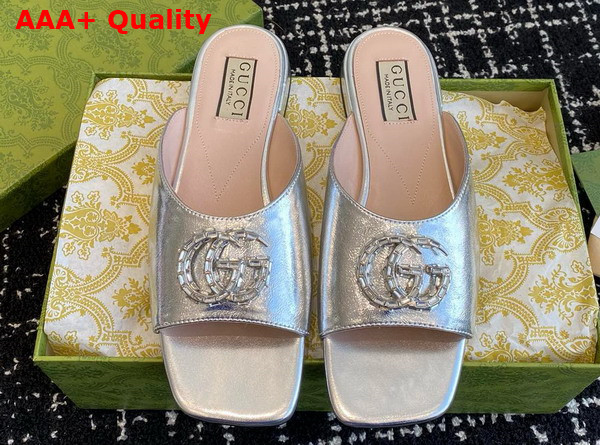 Gucci Womens Double G Slide Sandal in Metallic Silver Leather 771586 Replica