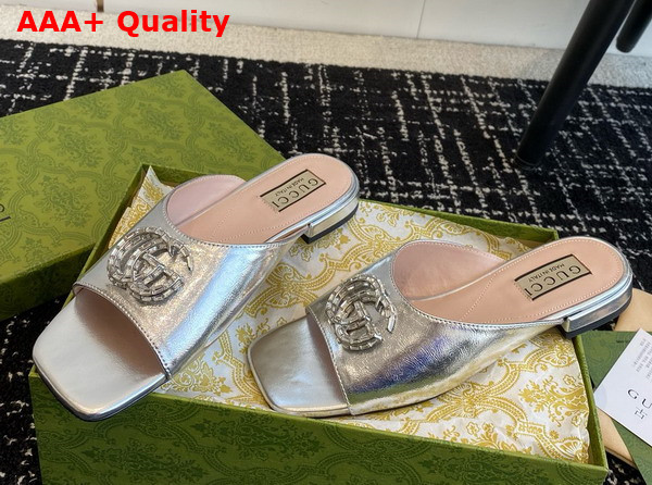 Gucci Womens Double G Slide Sandal in Metallic Silver Leather 771586 Replica