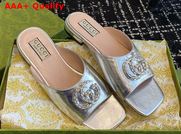 Gucci Womens Double G Slide Sandal in Metallic Silver Leather 771586 Replica