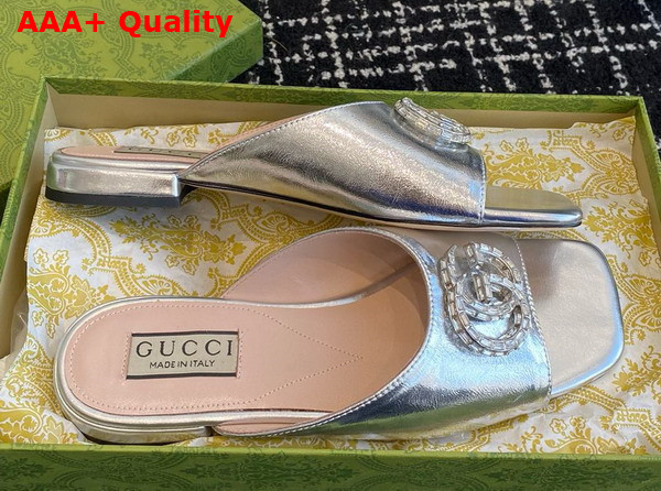 Gucci Womens Double G Slide Sandal in Metallic Silver Leather 771586 Replica