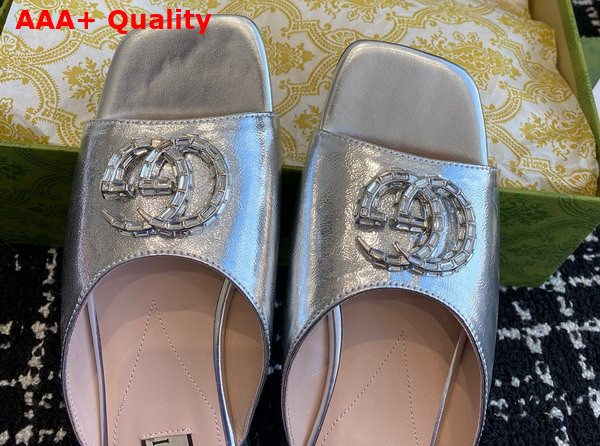 Gucci Womens Double G Slide Sandal in Metallic Silver Leather 771586 Replica