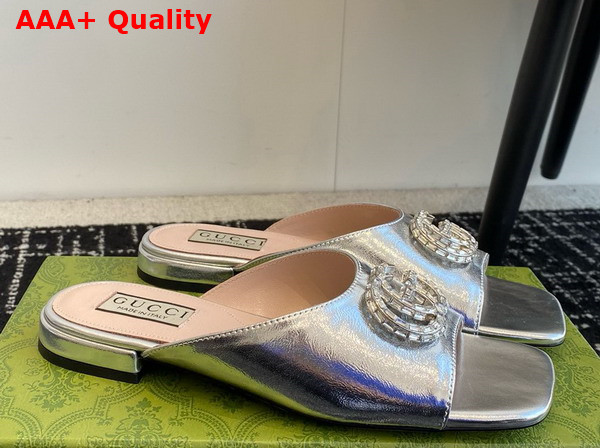 Gucci Womens Double G Slide Sandal in Metallic Silver Leather 771586 Replica