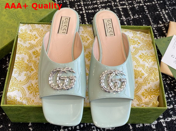 Gucci Womens Double G Slide Sandal in Pale Blue Patent Leather 771586 Replica