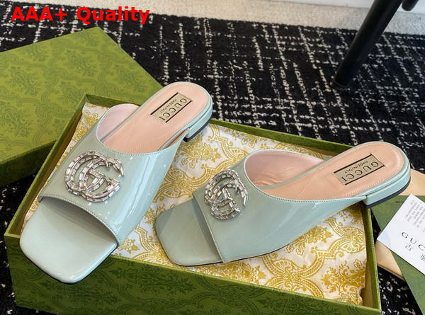 Gucci Womens Double G Slide Sandal in Pale Blue Patent Leather 771586 Replica