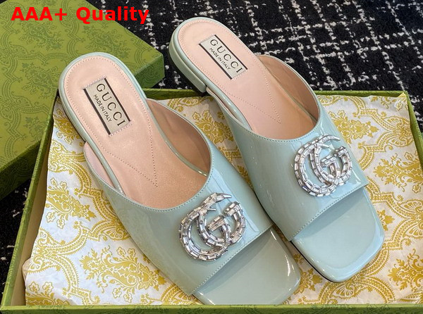 Gucci Womens Double G Slide Sandal in Pale Blue Patent Leather 771586 Replica