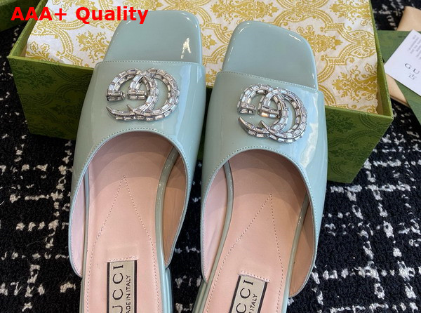 Gucci Womens Double G Slide Sandal in Pale Blue Patent Leather 771586 Replica