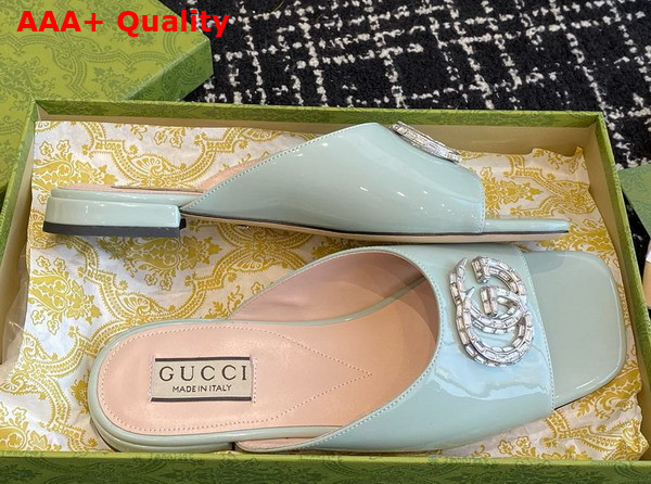 Gucci Womens Double G Slide Sandal in Pale Blue Patent Leather 771586 Replica