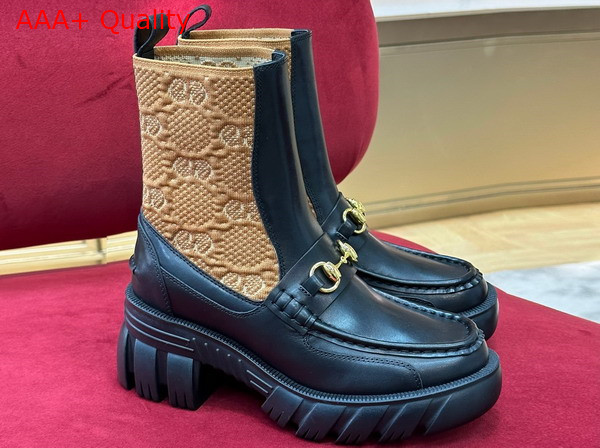 Gucci Womens GG Jersey Boot with Horsebit Black Leather with Brown GG Stretch Jersey Insert 718716 Replica