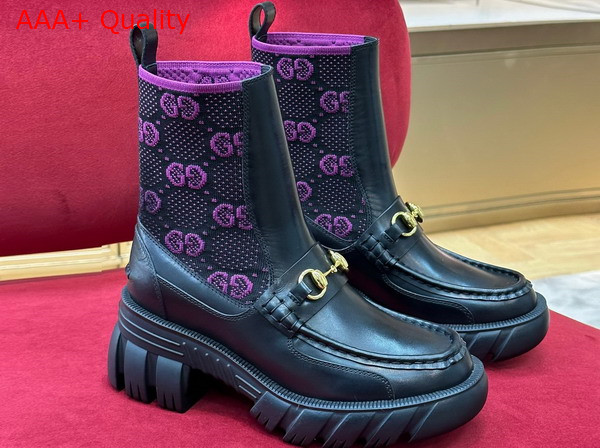 Gucci Womens GG Jersey Boot with Horsebit Black Leather with Fuchsia GG Stretch Jersey Insert 718716 Replica