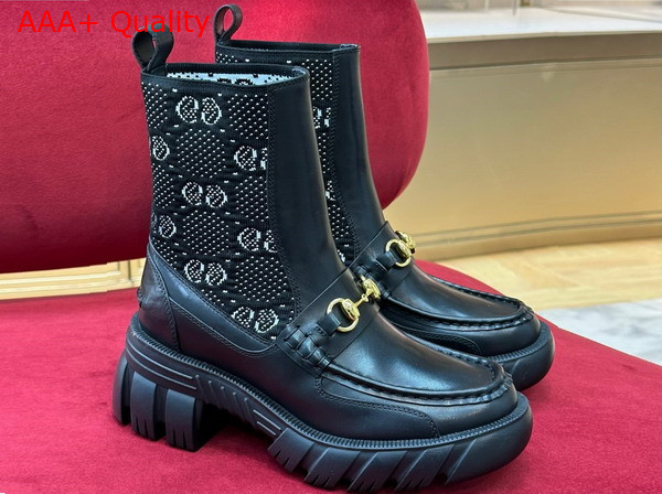 Gucci Womens GG Jersey Boot with Horsebit Black Leather with White GG Stretch Jersey Insert 718716 Replica