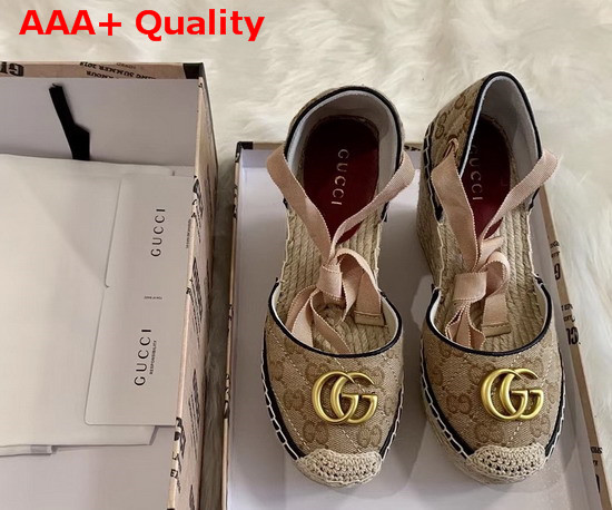 Gucci Womens GG Matelasse Platform Espadrille Beige Ebony Diagonal Matelasse Original GG Canvas Black Leather Trim 621240 Replica