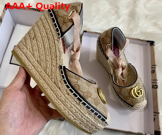 Gucci Womens GG Matelasse Platform Espadrille Beige Ebony Diagonal Matelasse Original GG Canvas Black Leather Trim 621240 Replica