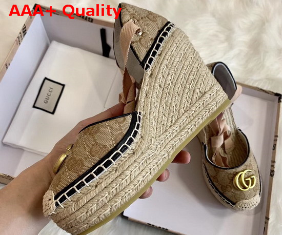 Gucci Womens GG Matelasse Platform Espadrille Beige Ebony Diagonal Matelasse Original GG Canvas Black Leather Trim 621240 Replica