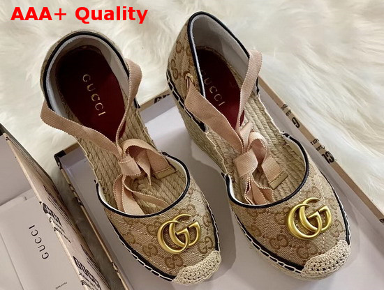 Gucci Womens GG Matelasse Platform Espadrille Beige Ebony Diagonal Matelasse Original GG Canvas Black Leather Trim 621240 Replica