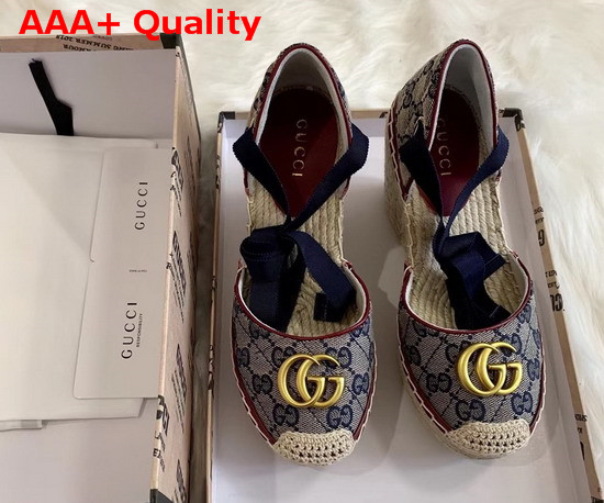 Gucci Womens GG Matelasse Platform Espadrille Blue Diagonal Matelasse Original GG Canvas Red Leather Trim 621240 Replica