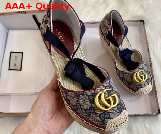 Gucci Womens GG Matelasse Platform Espadrille Blue Diagonal Matelasse Original GG Canvas Red Leather Trim 621240 Replica