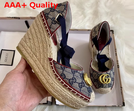 Gucci Womens GG Matelasse Platform Espadrille Blue Diagonal Matelasse Original GG Canvas Red Leather Trim 621240 Replica