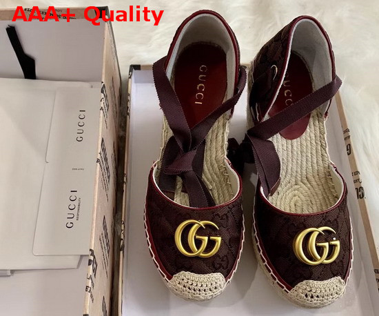 Gucci Womens GG Matelasse Platform Espadrille Brown Diagonal Matelasse Original GG Canvas Red Leather Trim 621240 Replica