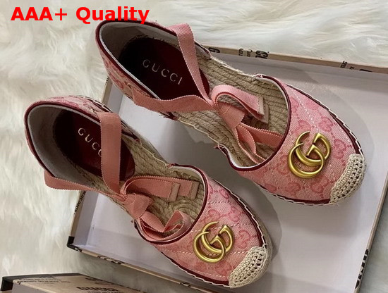 Gucci Womens GG Matelasse Platform Espadrille Pink Diagonal Matelasse Original GG Canvas Red Leather Trim 621240 Replica