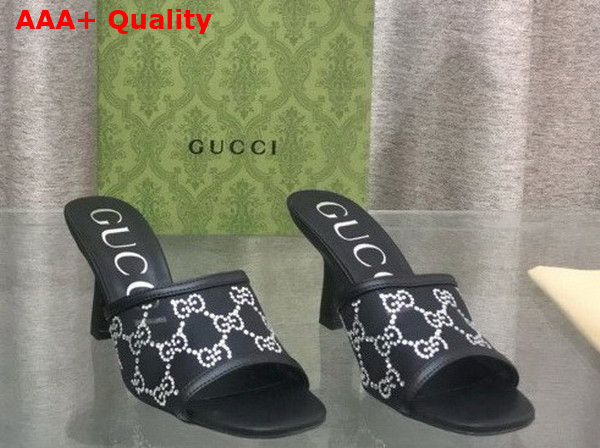 Gucci Womens GG Mid Heel Slide Sandal in Black GG Crystal Mesh 747245 Replica