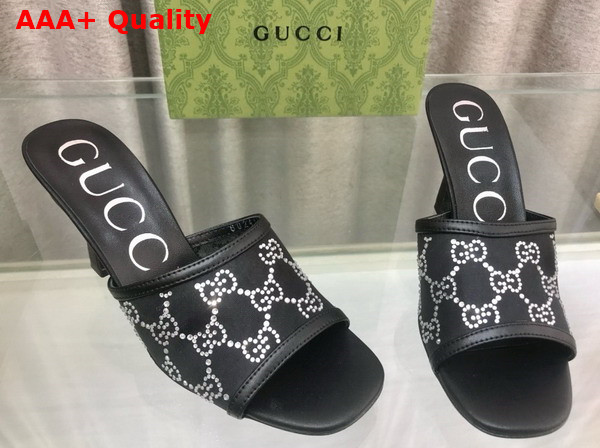 Gucci Womens GG Mid Heel Slide Sandal in Black GG Crystal Mesh 747245 Replica