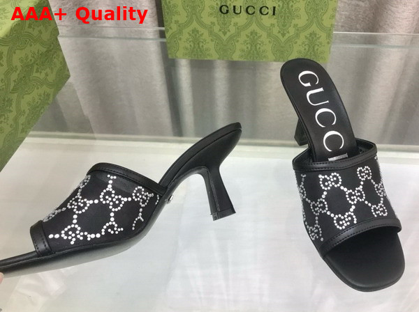 Gucci Womens GG Mid Heel Slide Sandal in Black GG Crystal Mesh 747245 Replica