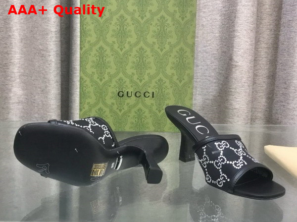 Gucci Womens GG Mid Heel Slide Sandal in Black GG Crystal Mesh 747245 Replica