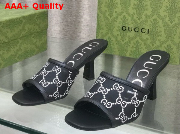 Gucci Womens GG Mid Heel Slide Sandal in Black GG Crystal Mesh 747245 Replica