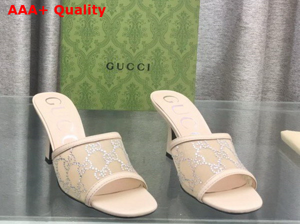 Gucci Womens GG Mid Heel Slide Sandal in Rose Beige GG Crystal Mesh 747245 Replica