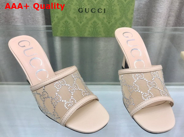 Gucci Womens GG Mid Heel Slide Sandal in Rose Beige GG Crystal Mesh 747245 Replica