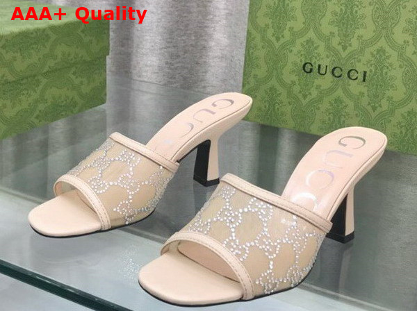 Gucci Womens GG Mid Heel Slide Sandal in Rose Beige GG Crystal Mesh 747245 Replica