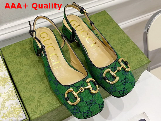 Gucci Womens GG Multicolor Mid Heel Slingback with Horsebit Green and Blue GG Canvas 643892 Replica