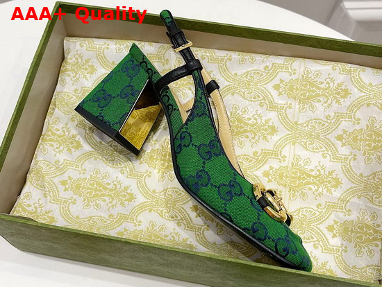 Gucci Womens GG Multicolor Mid Heel Slingback with Horsebit Green and Blue GG Canvas 643892 Replica